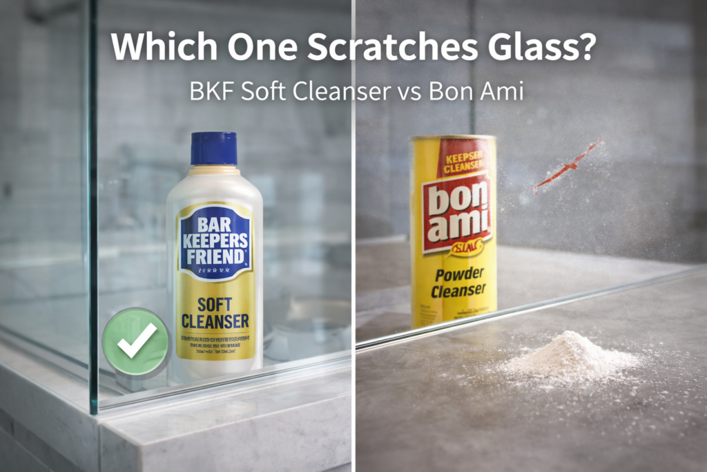 Bar Keepers Friend Soft Cleanser vs Bon Ami comparison showing safer option for glass to prevent scratches