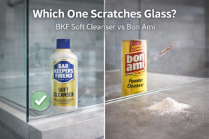 Bar Keepers Friend Soft Cleanser vs Bon Ami comparison showing safer option for glass to prevent scratches