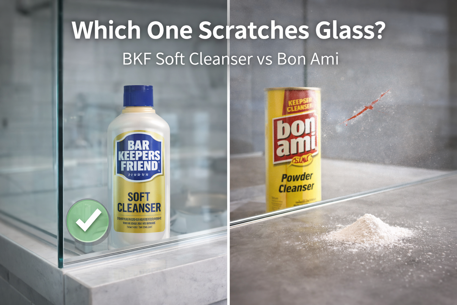 Bar Keepers Friend Soft Cleanser vs Bon Ami comparison showing safer option for glass to prevent scratches
