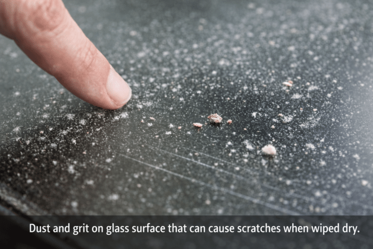 Dust and grit on glass that can cause scratching when wiped dry