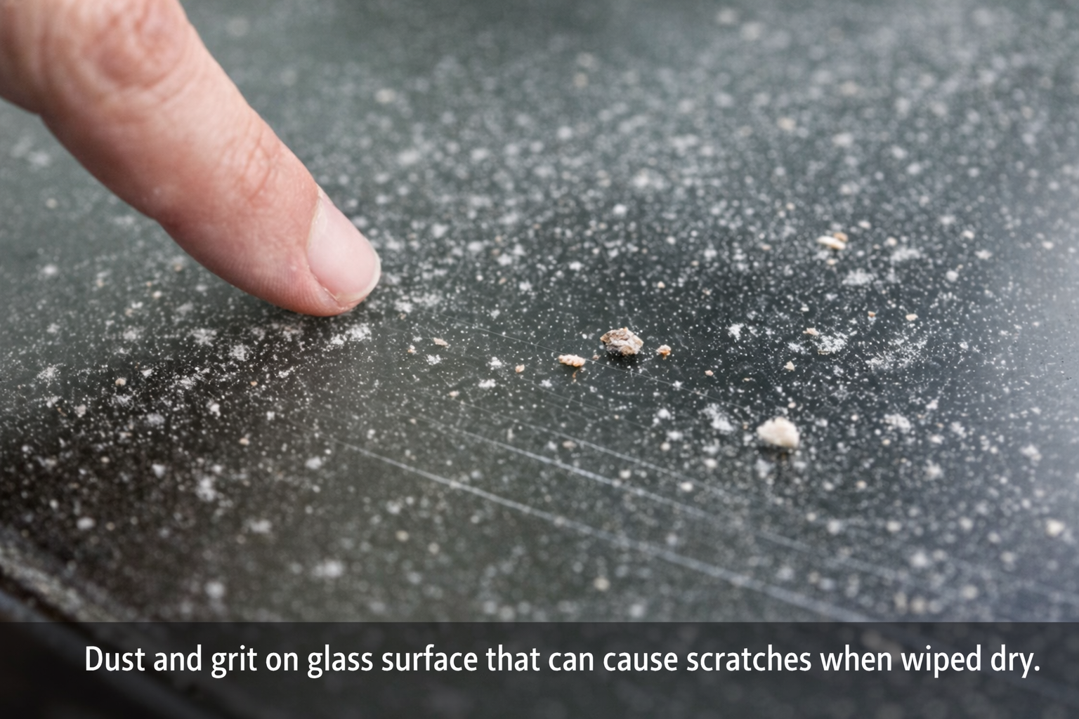 Dust and grit on glass that can cause scratching when wiped dry