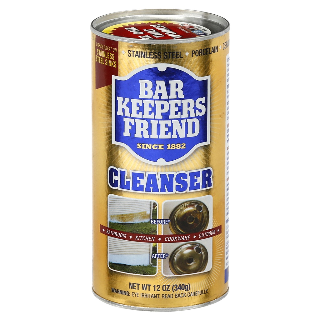 Bar Keepers Friend powder cleanser container shown as a safe surfaces guide reference