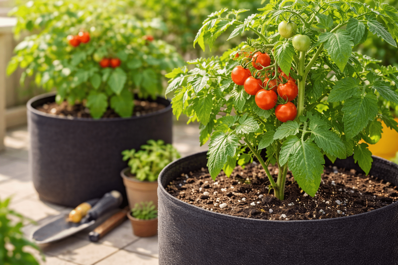 Tomato plants growing in large containers with healthy foliage and ripe fruit in sunlight