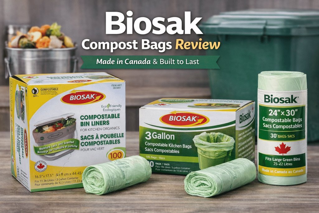 Biosak compost bags review featuring 3 gallon kitchen liners and green bin compostable liners box