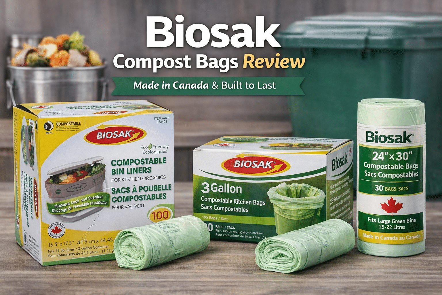 Biosak compost bags review featuring 3 gallon kitchen liners and green bin compostable liners box