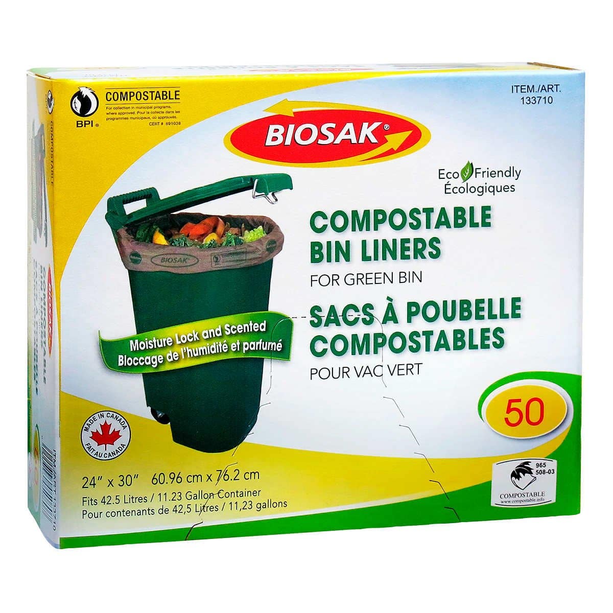 BIOSAK 24x30 green bin liners compostable outdoor organics bags Canada