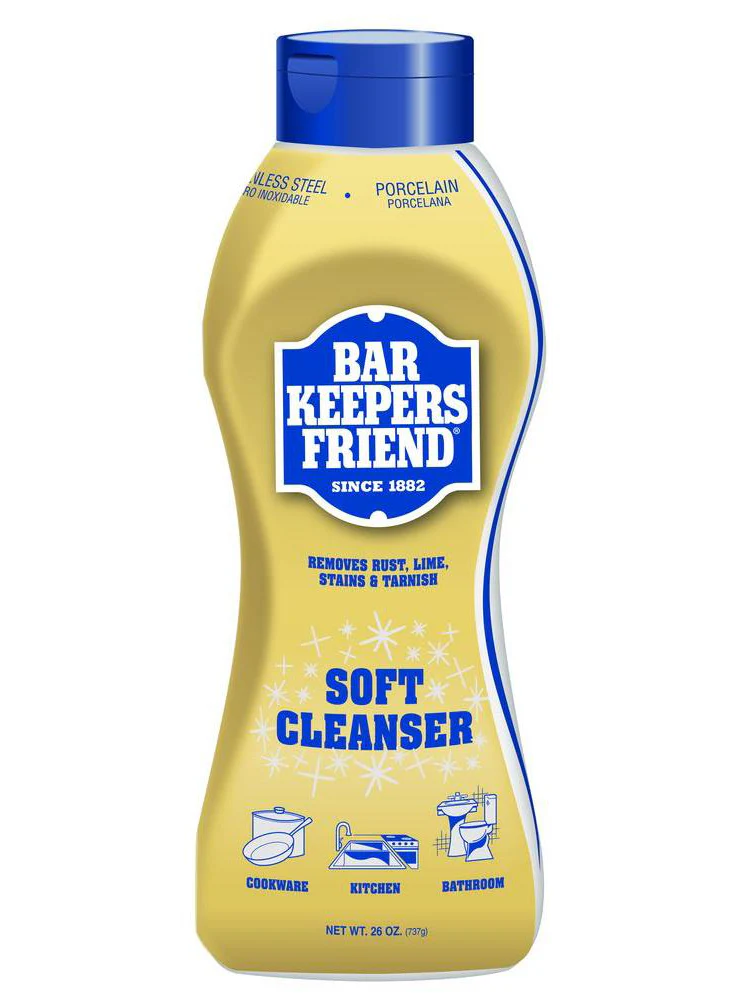Bar Keepers Friend Soft Cleanser liquid shown as safer choice for glass compared to Bon Ami
