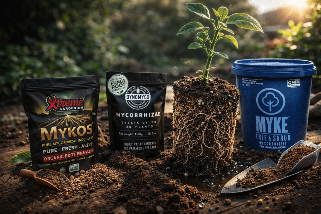 Can you use too much mycorrhizae during transplant? MYKOS, DYNOMYCO and MYKE shown with exposed tomato root ball