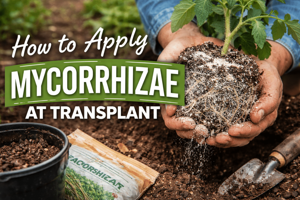 How to apply mycorrhizae at transplant featured banner showing root ball dusting method