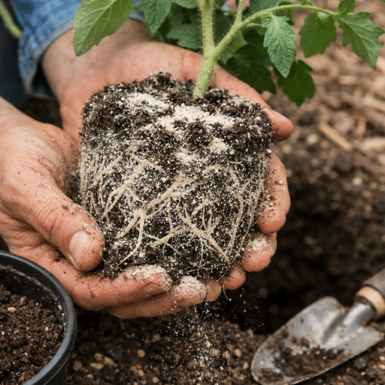How to apply mycorrhizae at transplant using the root ball method with light dusting for direct root contact