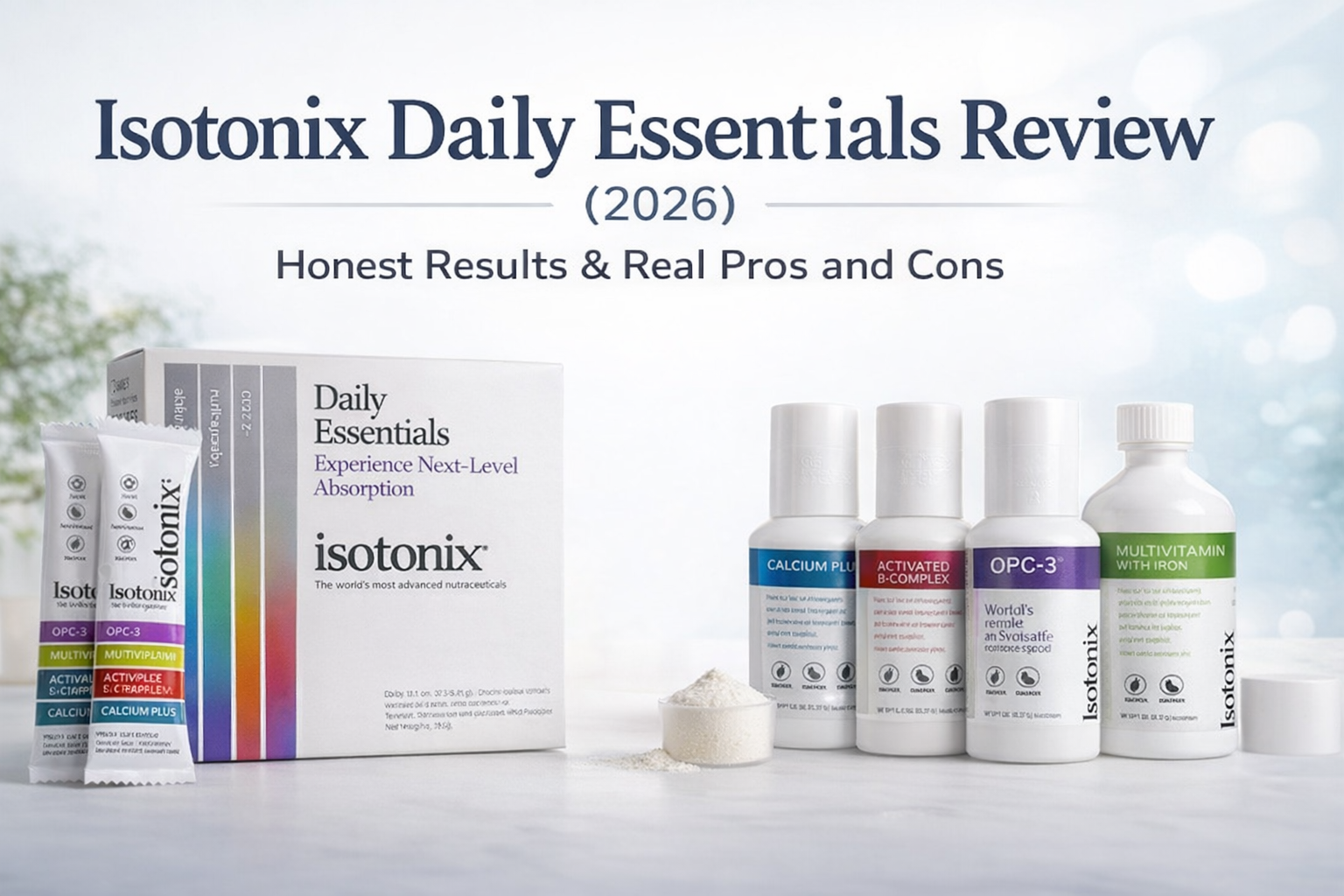 Isotonix Daily Essentials review banner featuring packets and full size canister kit
