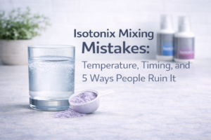 Glass of mixed Isotonix drink on countertop illustrating common mixing mistakes and proper preparation