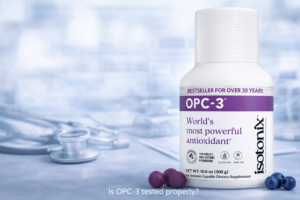 Isotonix OPC-3 supplement bottle showing updated label with antioxidant claims and isotonic formula