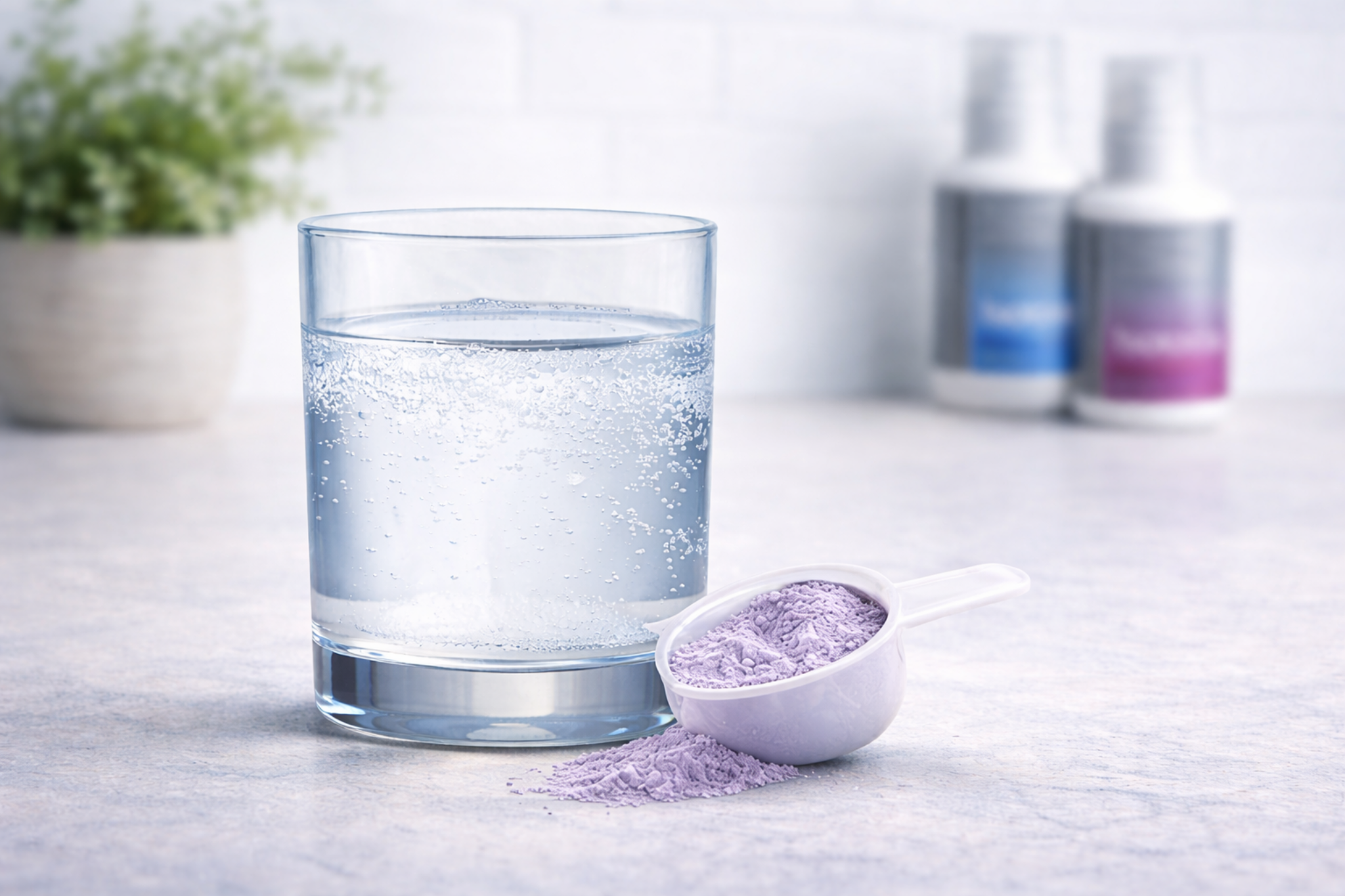 Glass of mixed Isotonix drink on countertop