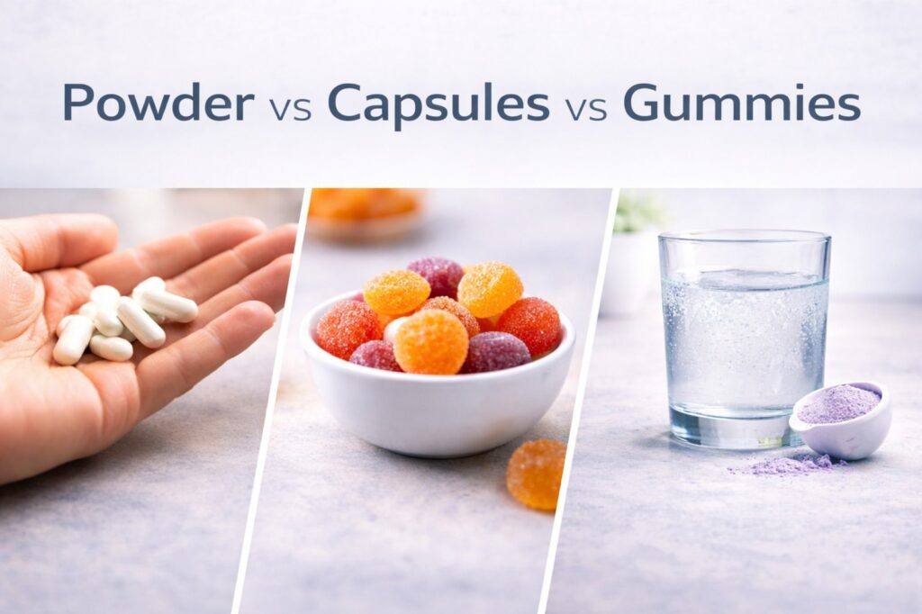 Comparison of supplement formats showing powder drink mix, capsules in hand, and gummy vitamins side by side