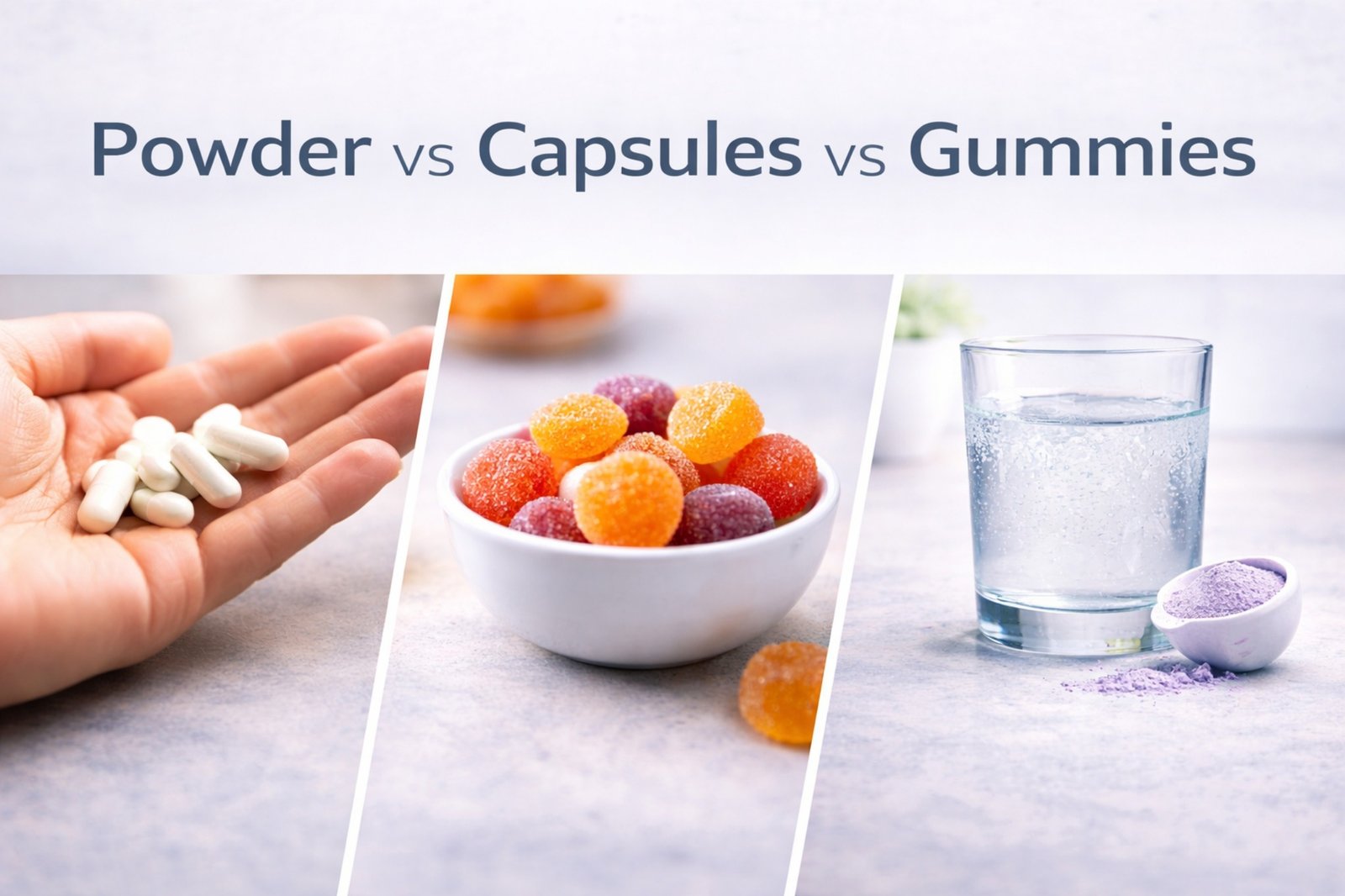 Comparison of supplement formats showing powder drink mix, capsules in hand, and gummy vitamins side by side
