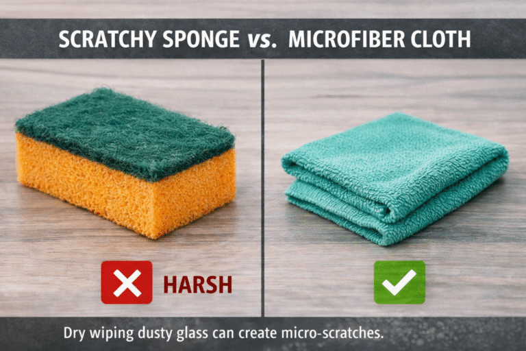 Microfiber cloth versus rough sponge for cleaning glass without scratching