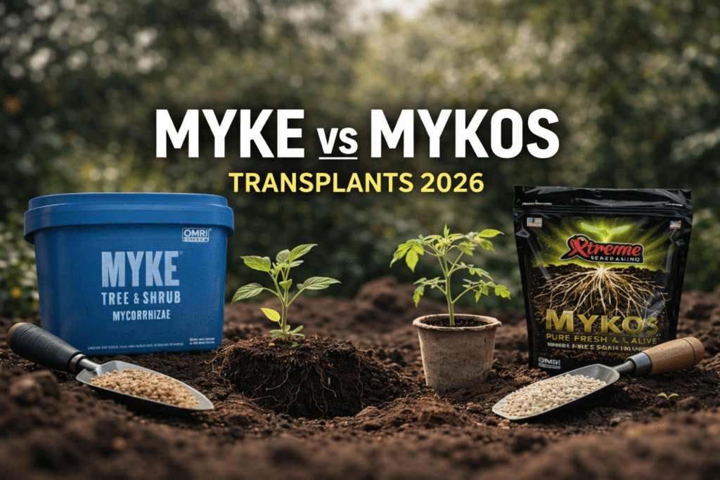 myke vs mykos for transplants comparison showing MYKE Tree and Shrub and Xtreme Gardening MYKOS products in garden soil