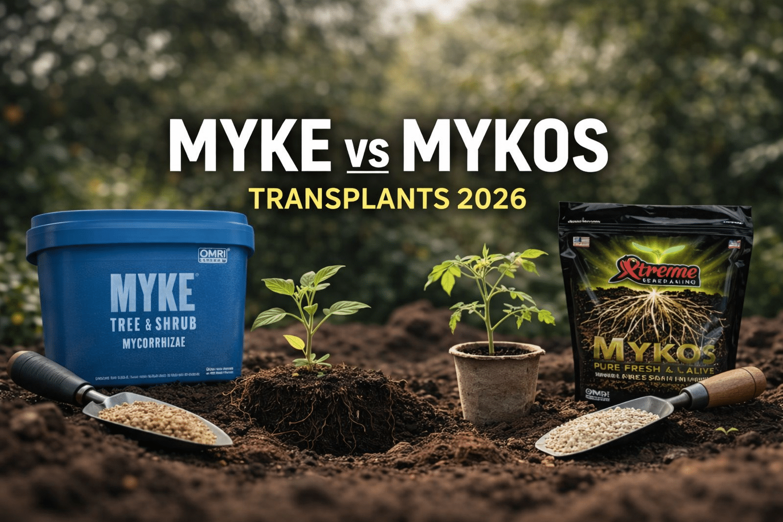 myke vs mykos for transplants comparison showing MYKE Tree and Shrub and Xtreme Gardening MYKOS products in garden soil