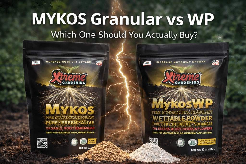 mykos granular vs mykos wp comparison showing granular and wettable powder bags side by side
