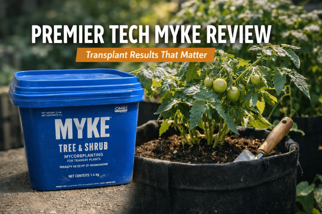 Premier Tech MYKE review featured image showing MYKE tree and shrub mycorrhizae bucket for transplant use