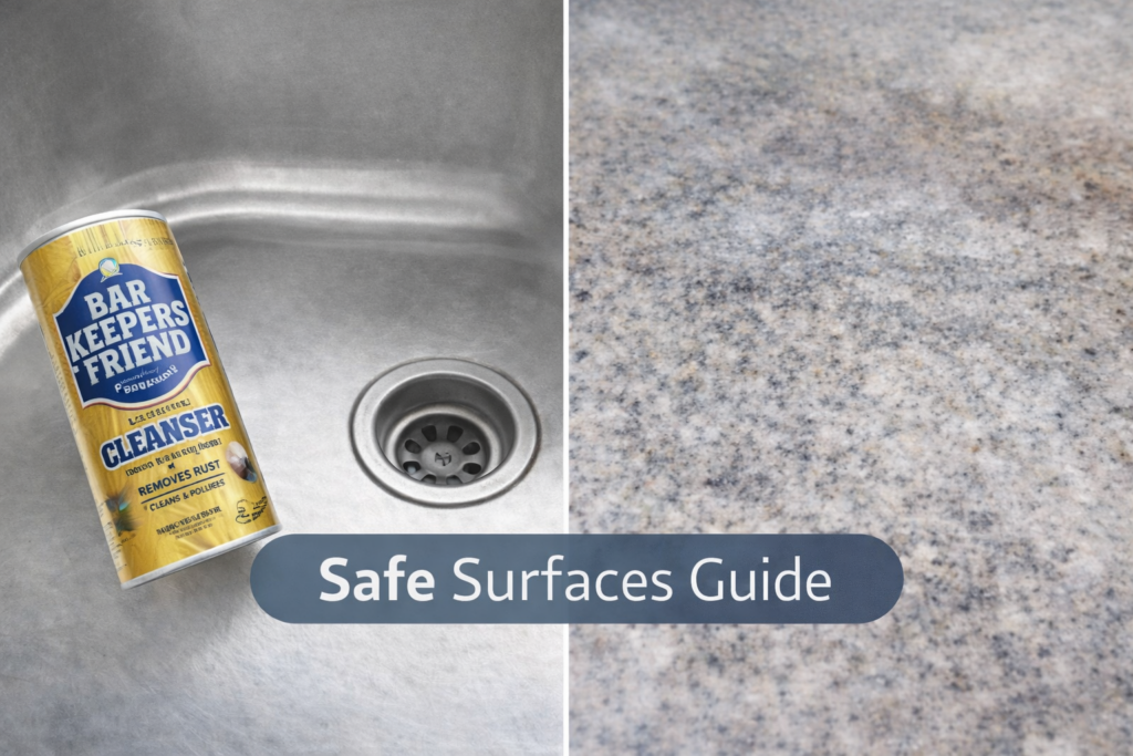 Bar Keepers Friend powder bottle beside stainless steel sink with safe surfaces guide label