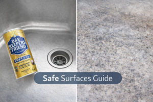Bar Keepers Friend powder bottle beside stainless steel sink with safe surfaces guide label