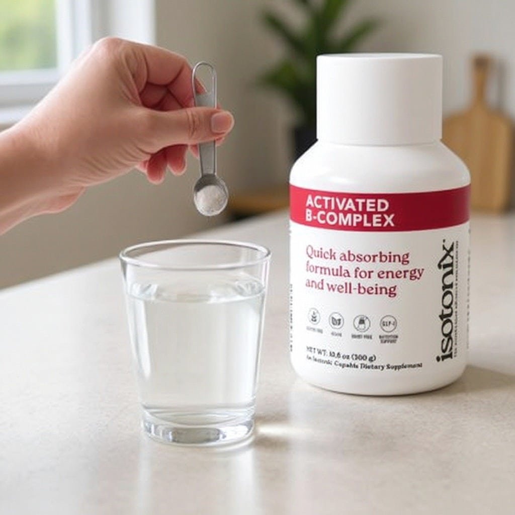 Mixing Isotonix B-Complex powder in a glass of water