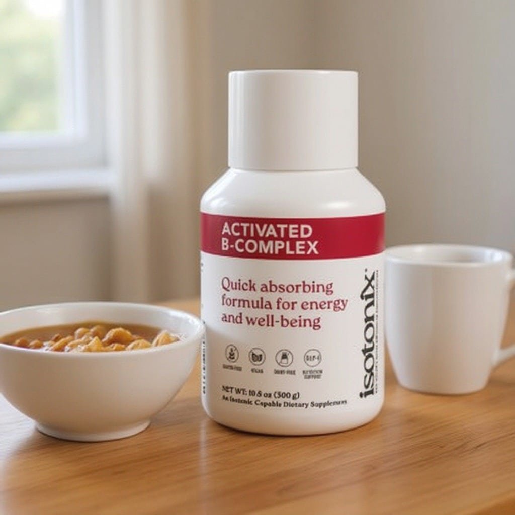 Isotonix B-Complex bottle on a wooden table in morning light