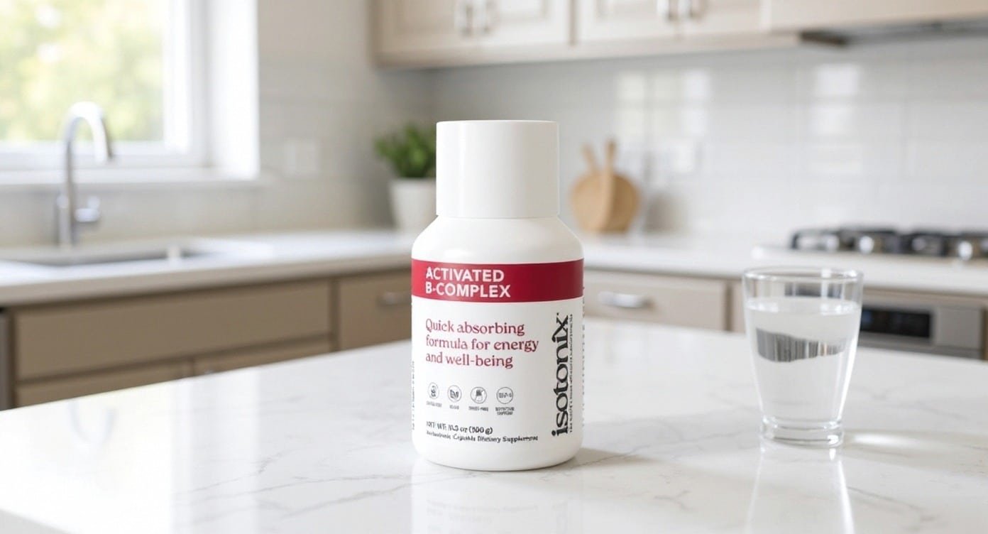 Isotonix B-Complex review: bottle with yellow-amber backdrop
