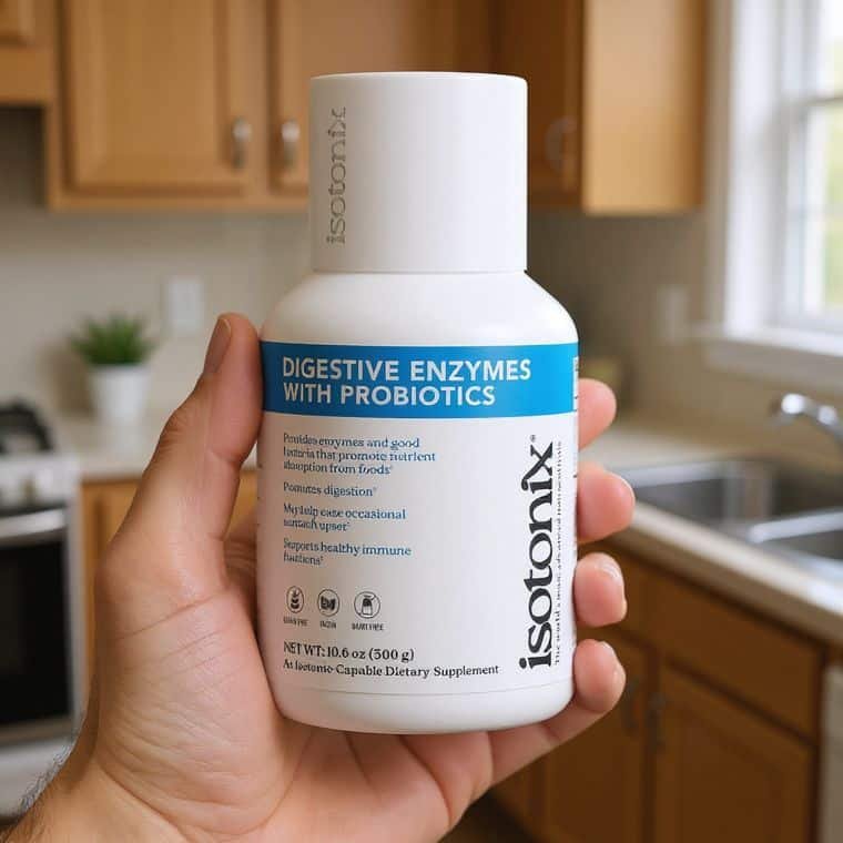 Isotonix Digestive Enzymes bottle held in a bright kitchen