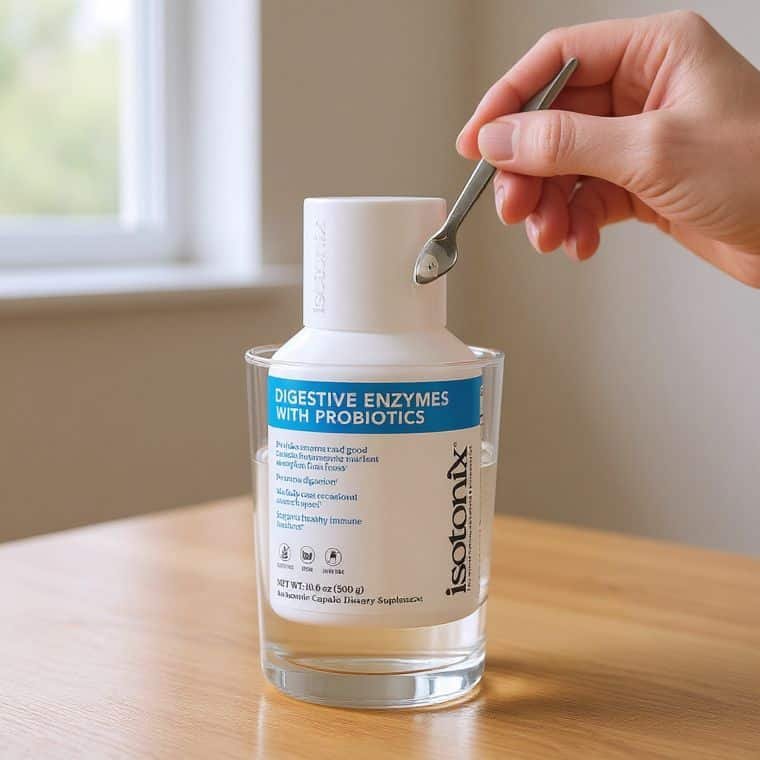 Stirring a capful of Isotonix Digestive Enzymes into a glass of water
