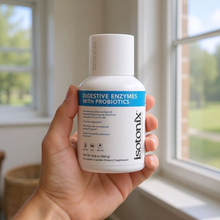 Holding the Isotonix Digestive Enzymes bottle up to the light