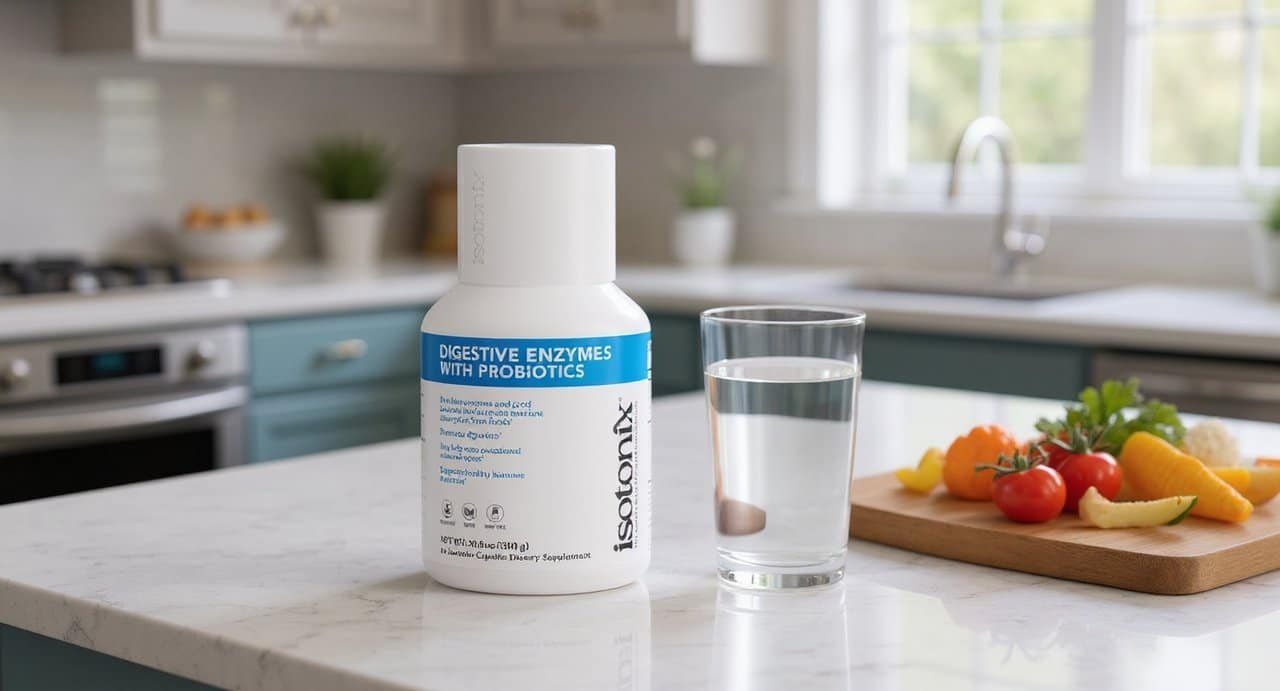 Isotonix Digestive Enzymes review: bottle with a glass of mixed enzymes