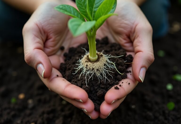 Seedling root ball with visible fine white root growth after transplant