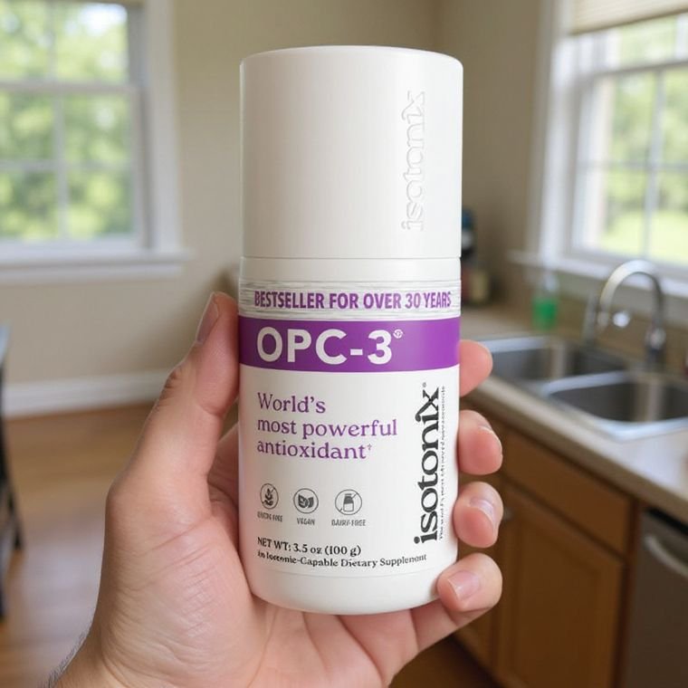 Isotonix OPC-3 Review: Is This Isotonic Antioxidant Worth It? 3 Isotonix OPC-3 bottle held in a kitchen