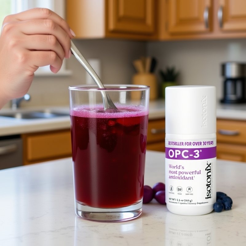 A hand stirring a glass of the deep purple Isotonix OPC-3 antioxidant drink, the small OPC-3 bottle beside it