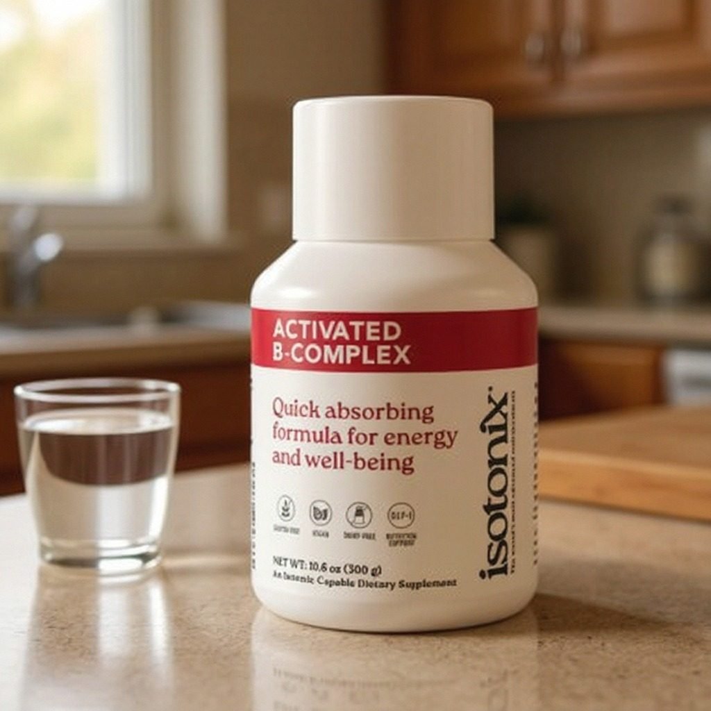 Isotonix Activated B-Complex bottle on a kitchen counter