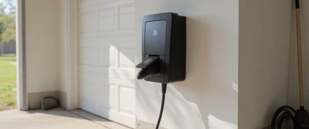Level 2 EV charger mounted on a home garage wall