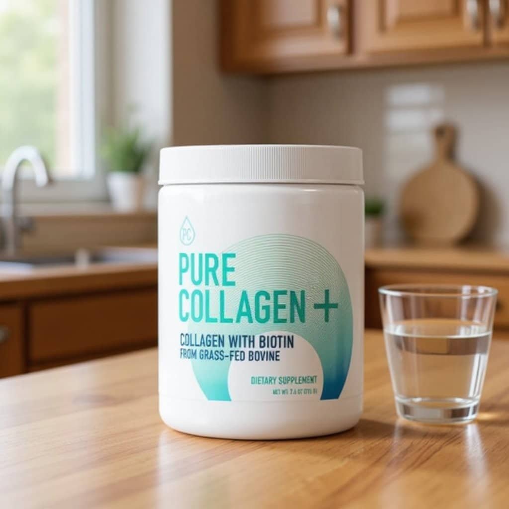 Pure Collagen+ canister on a kitchen counter beside a glass of water
