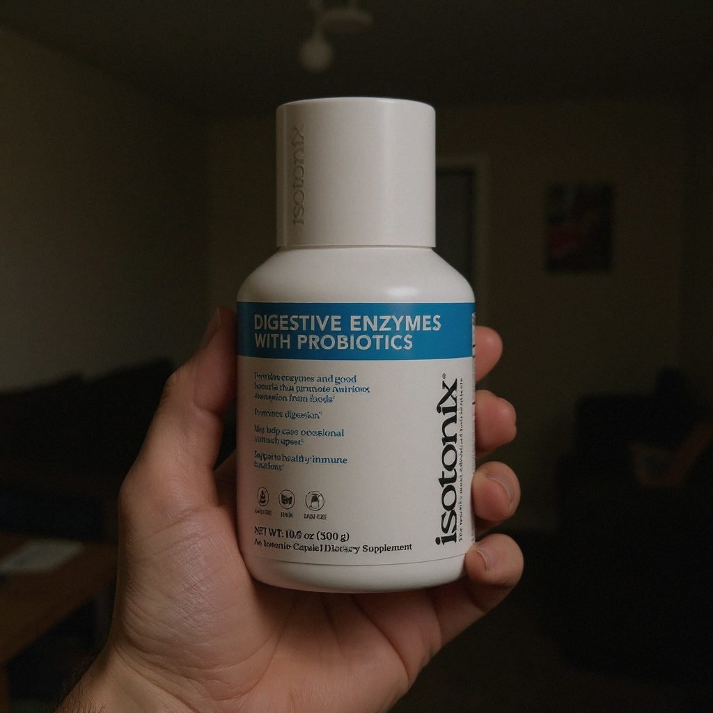 What Is an Isotonic Supplement? The Format Explained Simply (2026) 3 Isotonix Digestive Enzymes with Probiotics bottle, candid kitchen shot