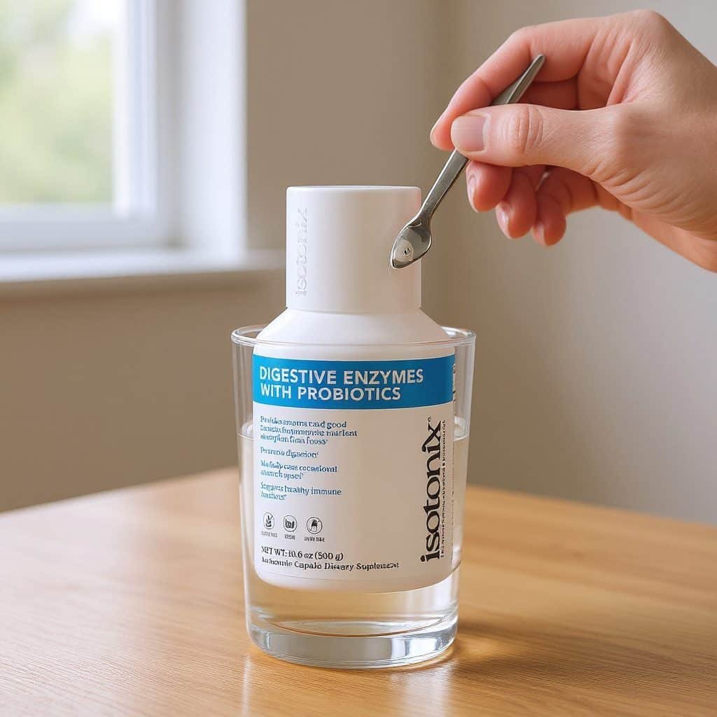 Isotonix Digestive Enzymes with Probiotics bottle on a kitchen counter