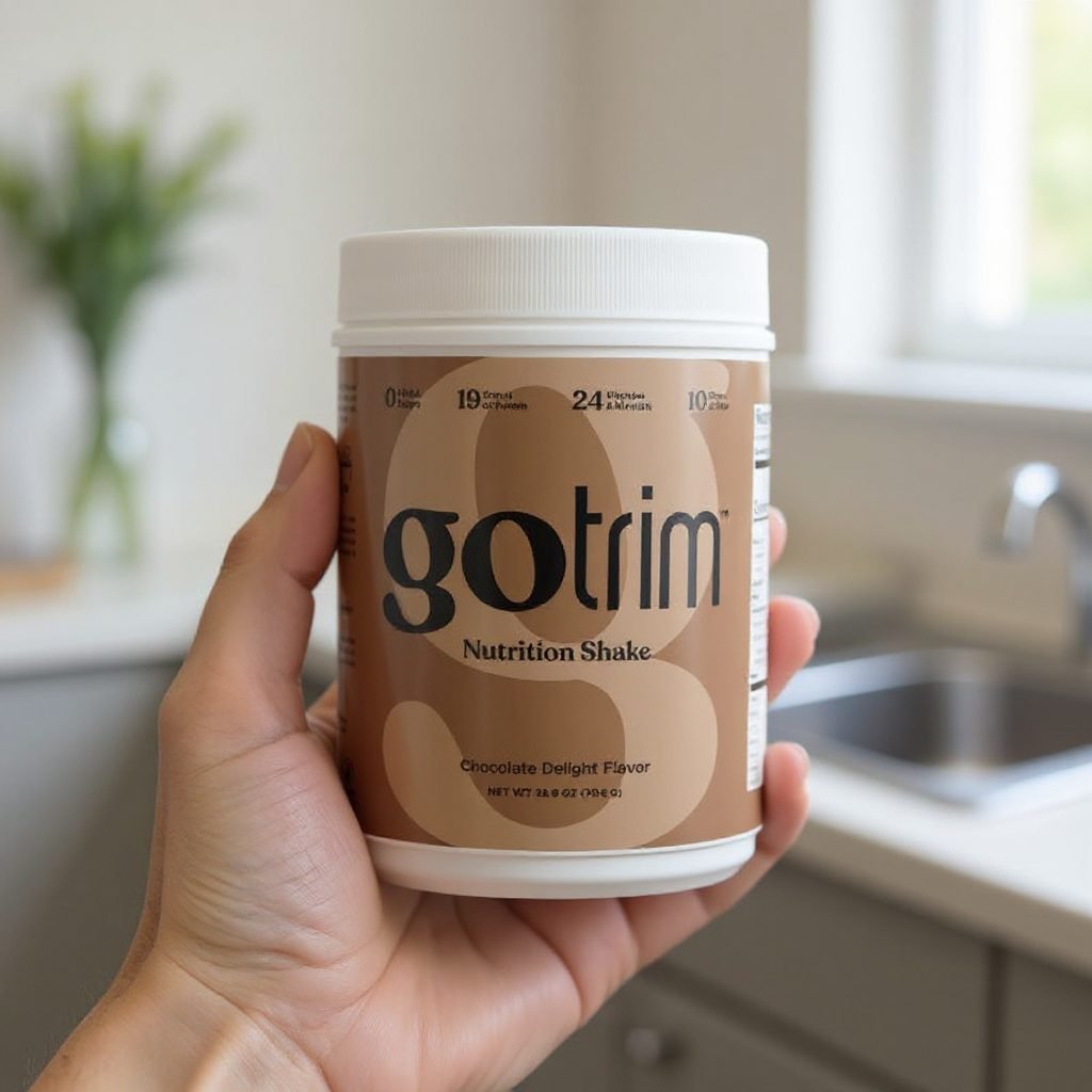 Hand holding a canister of GoTrim Nutrition Shake