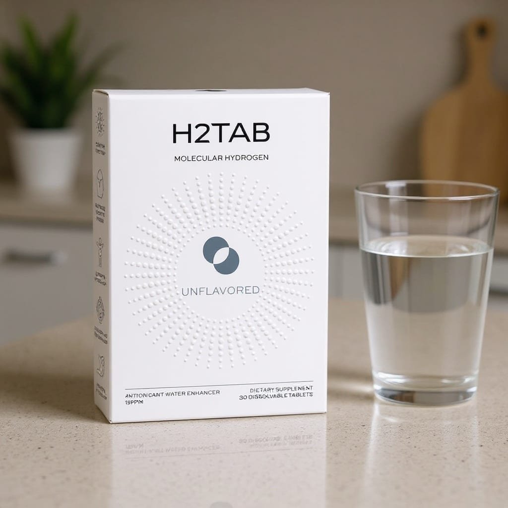 H2TAB Molecular Hydrogen Tablets bottle next to a glass of water