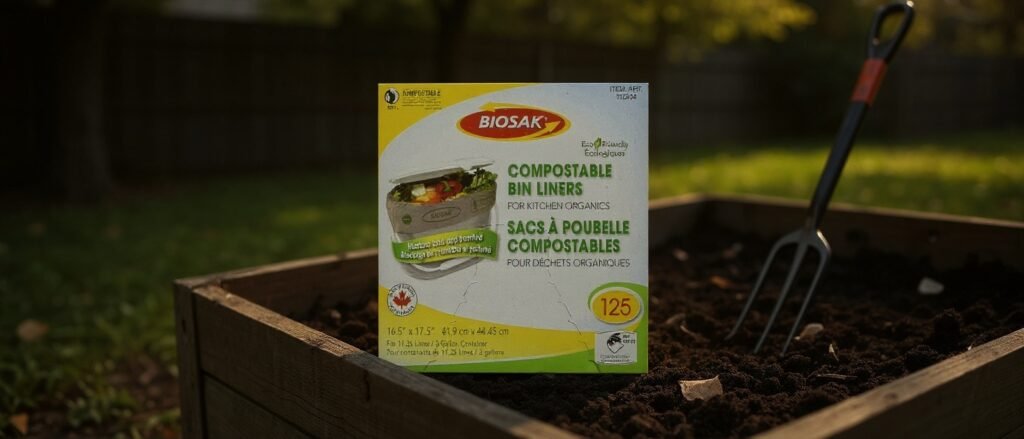 BIOSAK compostable bin liner box beside a wooden backyard compost bin