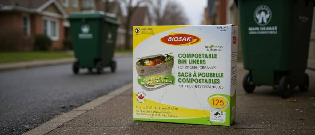 BIOSAK compostable bin liner box beside a municipal green organics cart at the curb