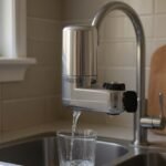 Brita Basic faucet water filter mounted on a kitchen faucet