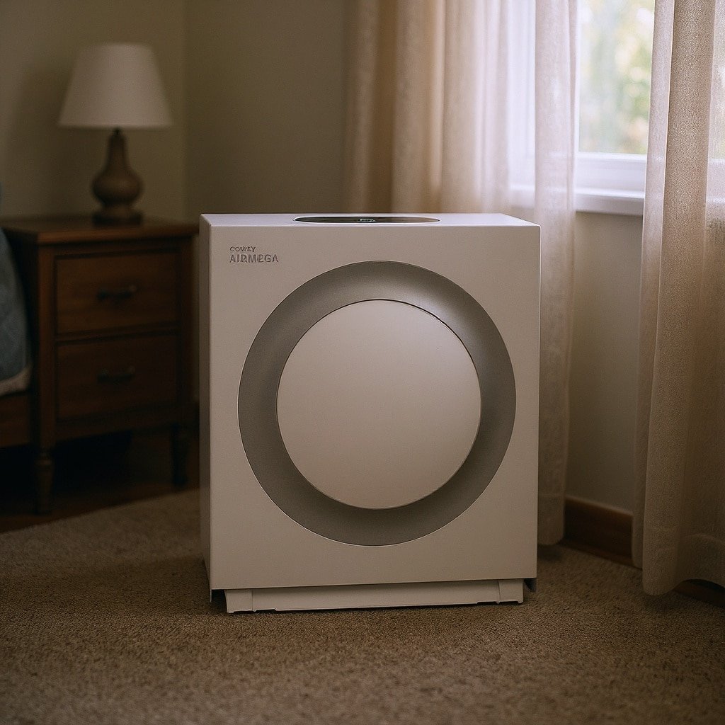 Best Air Purifier Allergies Canada — Coway Airmega Mighty2 air purifier running beside a nightstand in a sunlit bedroom