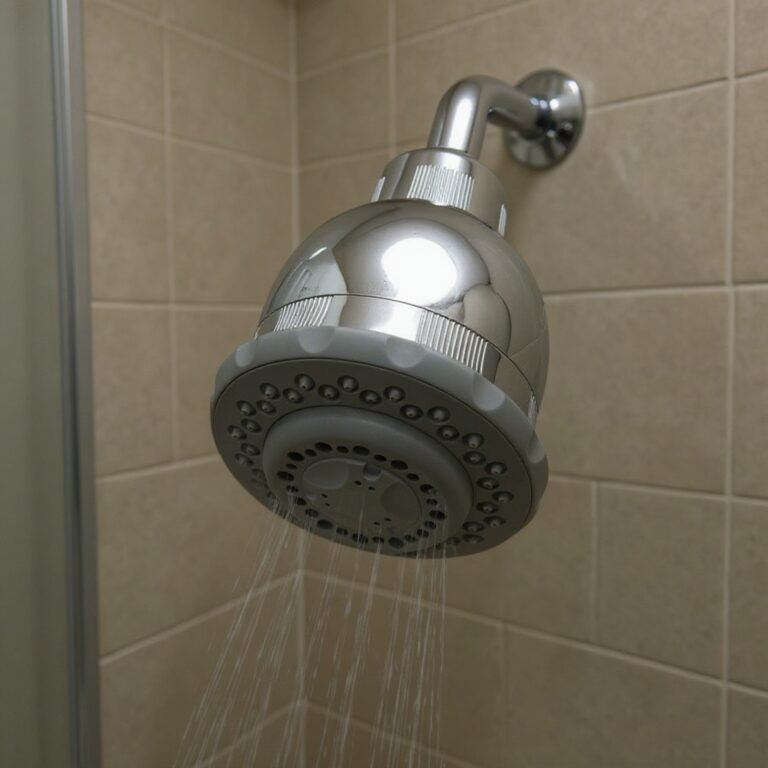 Culligan WSH-C125 filtered showerhead mounted on a shower wall with water running