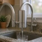 Frizzlife FS99 stainless steel faucet water filter mounted on a kitchen faucet